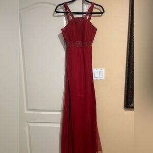 Formal long red dress with beaded stones size 2